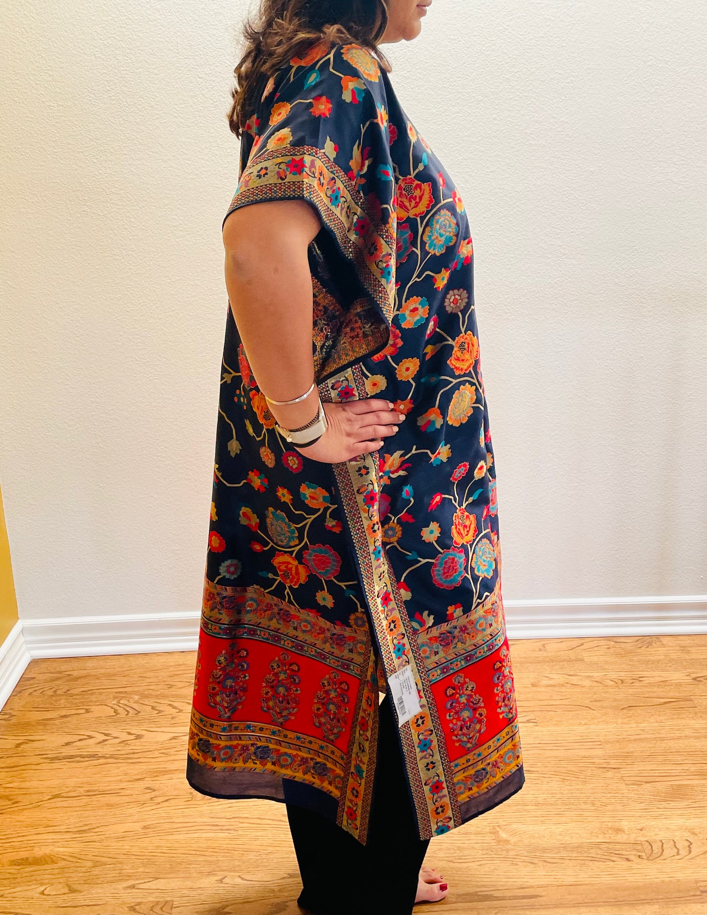 Navy Blue & Red Silk Kimono