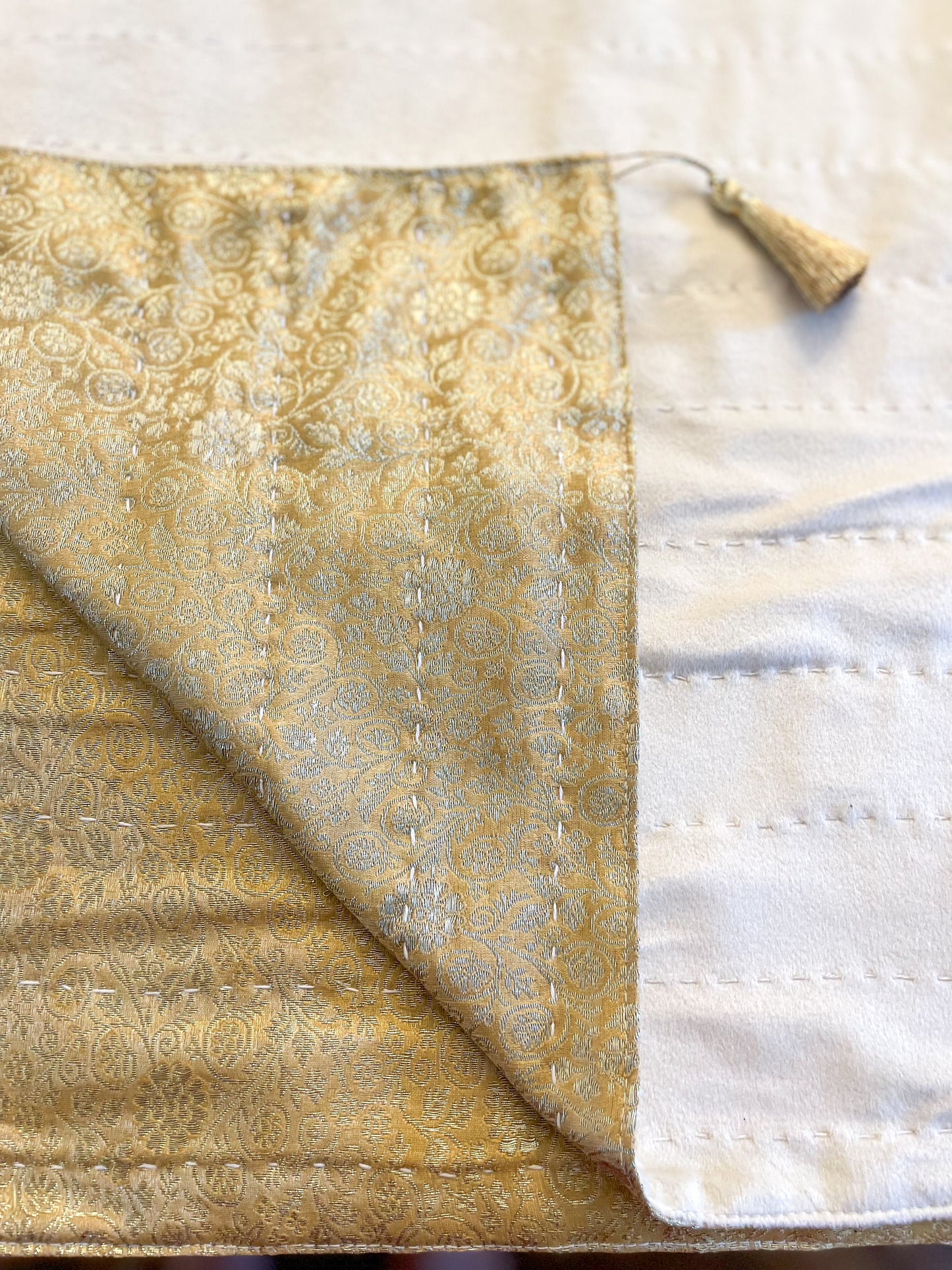 Golden Kantha Hand-Stitched Table Runner