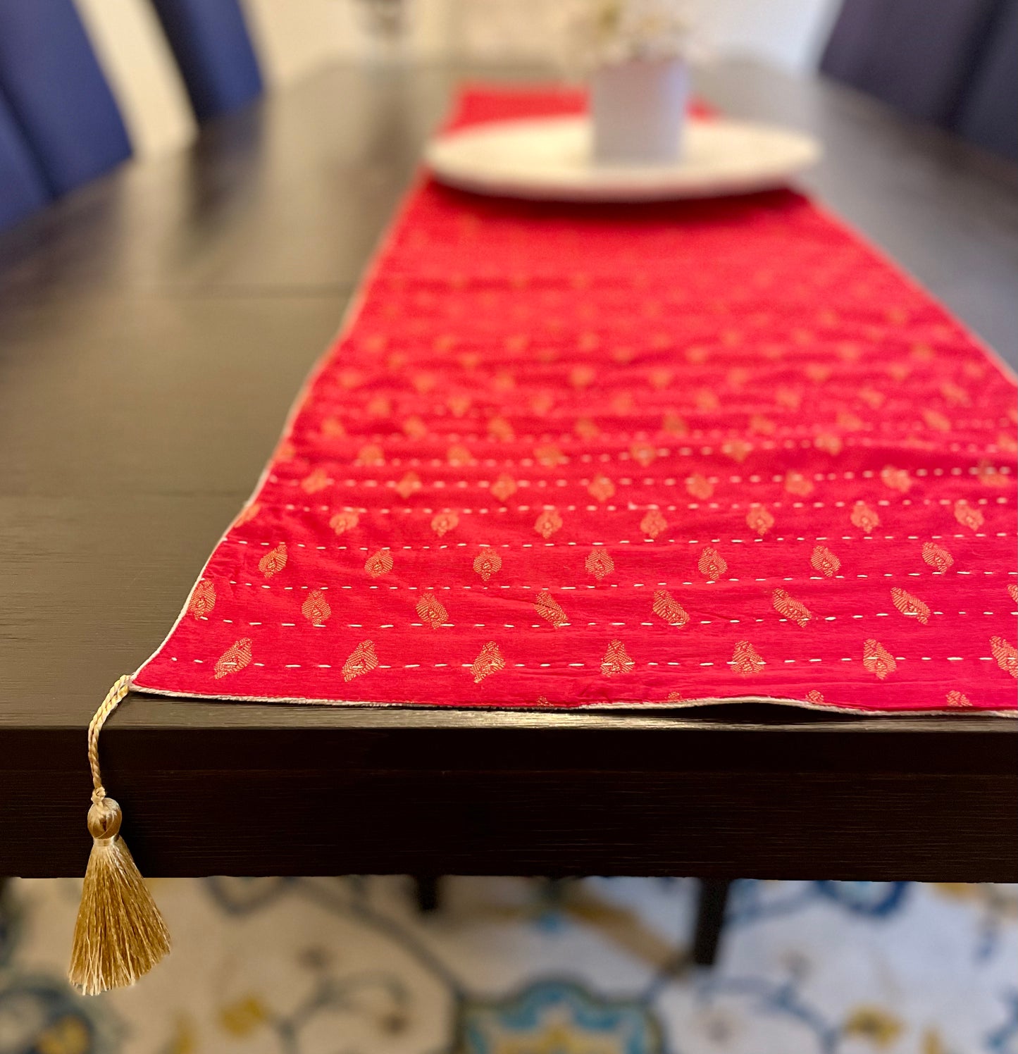 Red Petals Kantha Hand-Stitched Table Runner