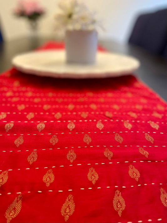 Red Petals Kantha Hand-Stitched Table Runner